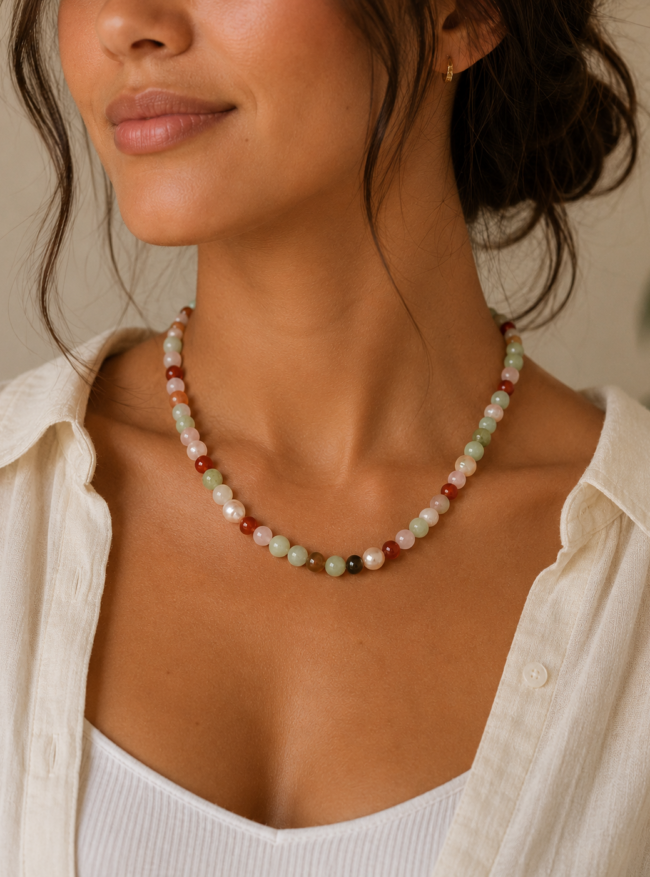 IMG_2255 Green and blush gemstone beaded necklace featuring natural gemstones and freshwater pearls by Mare de Vetro.