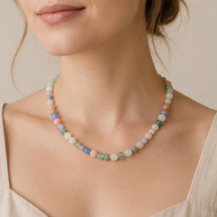 Green and aqua gemstone beaded necklace with natural stone beads and gold accents by Mare de Vetro.