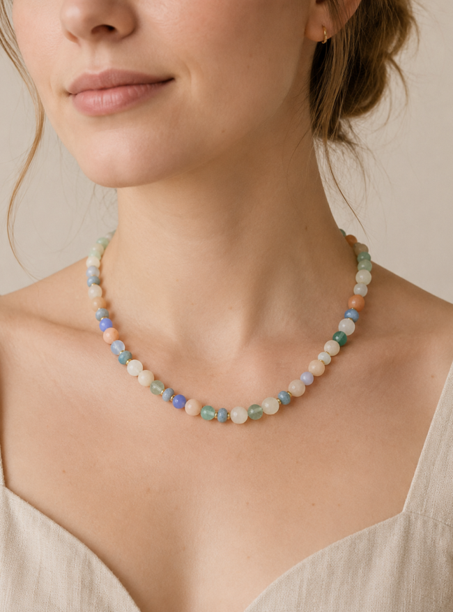 IMG_2256 Green and aqua gemstone beaded necklace with natural stone beads and gold accents by Mare de Vetro.
