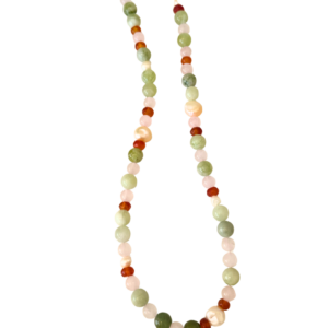 Green and blush gemstone beaded necklace featuring natural gemstones and freshwater pearls by Mare de Vetro.