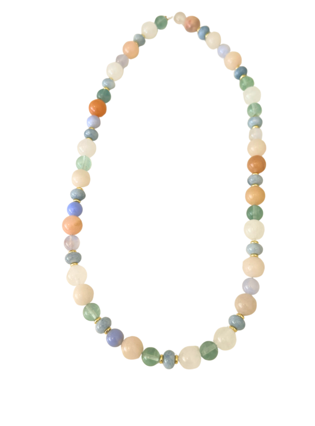Untitled design Green and aqua gemstone beaded necklace with natural stone beads and gold accents by Mare de Vetro.